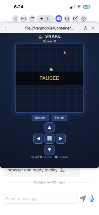 A p5.js snake game running inside the app's built-in browser, with the score and pause indicator visible over the canvas.